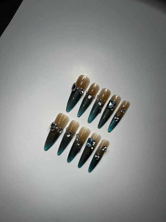 Teal Opulence Almond Nails