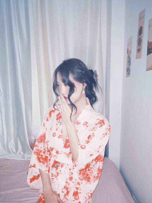 Sunset Blossom: Coral Floral Kimono Loungewear Robe 🌸
