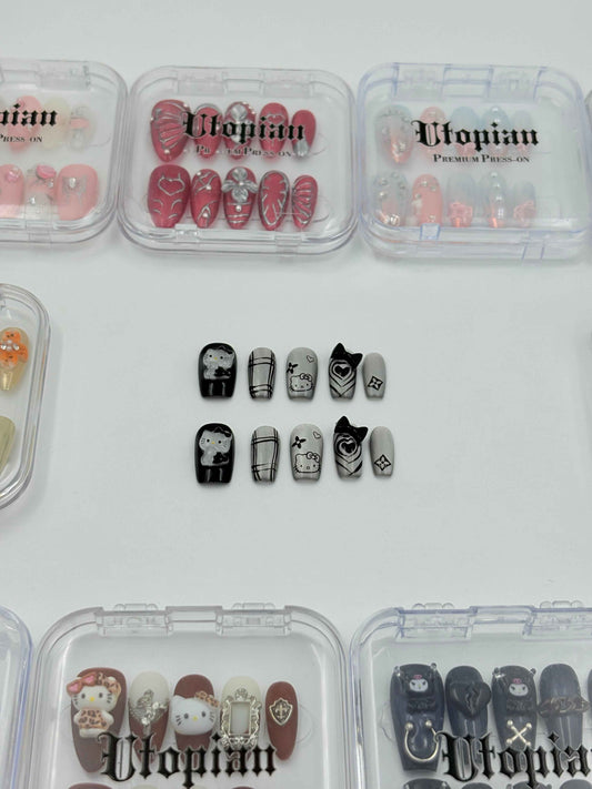 Monochrome Street Style Kitty Press-On Nails