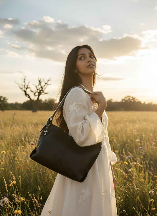 Cosmic Chic: Orb-Embossed Black Shoulder Bag 🪐